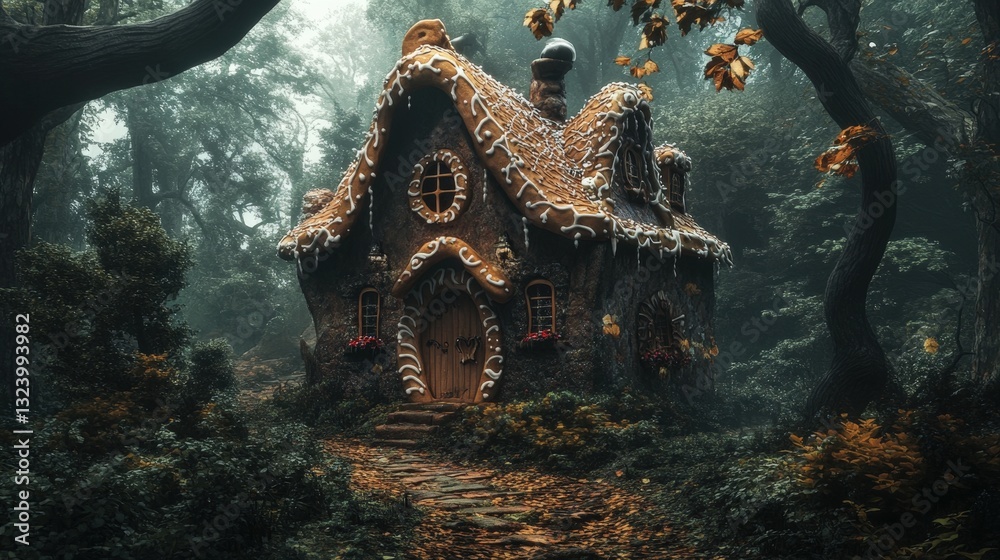 Obraz premium A fairytale gingerbread house, looking sweet and inviting in the middle of a gloomy, shadowed woodland