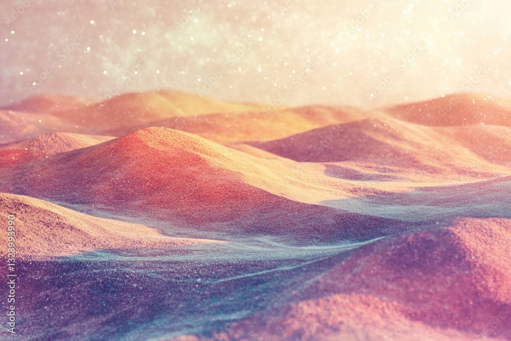 Fototapeta premium Pastel colored sand dunes under a magical, sparkling sky. Serene landscape.