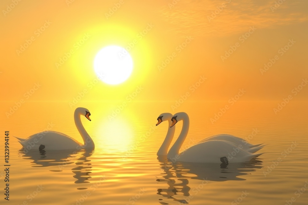 Fototapeta premium Swans gracefully swimming at sunset over a tranquil lake scene
