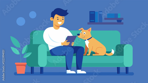 An employee spending quality time with their pet playing fetch and snuggling on the couch.. Vector illustration