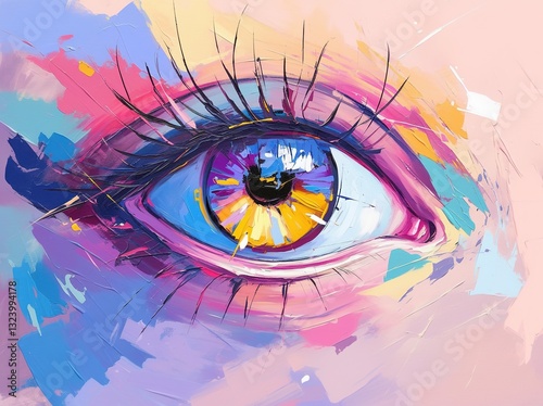 Surreal artistic eye with geometric patterns in blue, yellow, pink, purple, and green. Abstract iris design blending vibrant colors and soft pastel background, optical illusion concept for modern grap