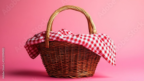 A vintage wicker basket, adorned with a red and white checkered cloth, rests invitingly on a vibrant pink backdrop, hinting at a delightful picnic awaiting.