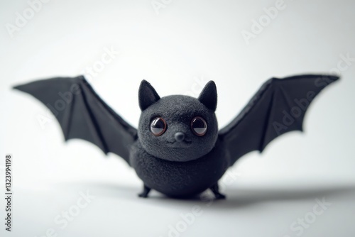 Cute black bat figurine with oversized eyes perched on a minimalistic white background isolated on transparent background photo