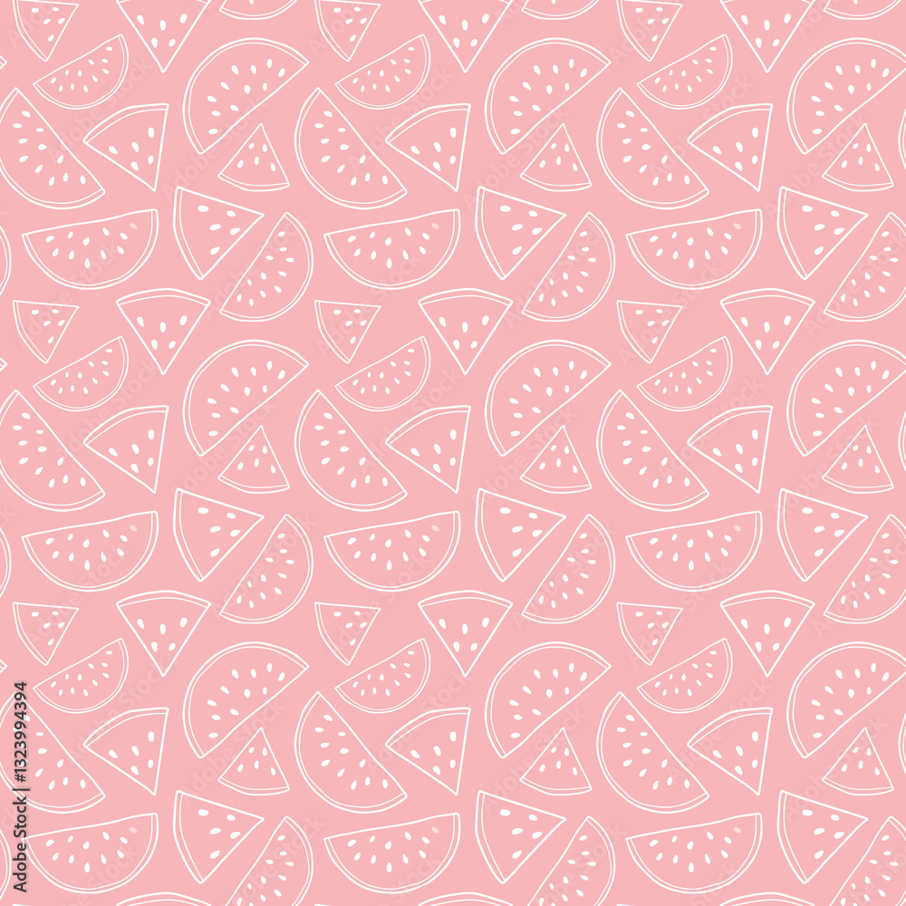 Pink Watermelon Slice Pattern: Playful, repeating pattern of watermelon slices in varying sizes on a vibrant pink backdrop, perfect for summer-themed designs or textile applications. Pink Watermelon Slice Pattern: Playful, repeating pattern of watermelon slices in varying sizes on a vibrant pink backdrop, perfect for summer-themed designs or textile applications.