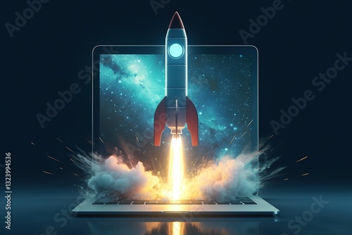 Cyberpunk-inspired laptop interface with rocket launch effect, glowing blue and red explosion particles in dark abstract space, ultra-sharp hyper-realistic visualization for motion graphics or VR game