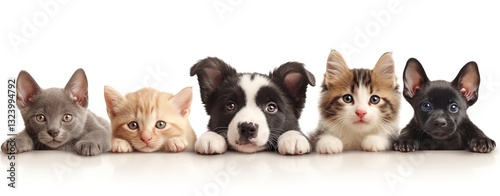 Whimsical dogs and cats with exaggerated eyes peeking over striped banner edge on minimalist white background, vector-style PNG cutout for children's book illustrations or pet adoption campaign materi photo