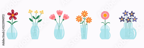 Flower in vase set line banner. Glass vases with water. Different flowers. Cute colorful icon collection. Daisy, tulip, gerbera. Ceramic Pottery Glass decoration. White background. Flat design. Vector