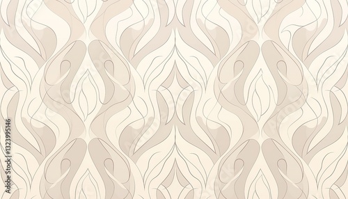 Neutral abstract seamless background with geometric waves and minimalist leaf shapes. Light beige vector pattern for textile design, wall decor, or luxury packaging. Ultra-high-definition details in s