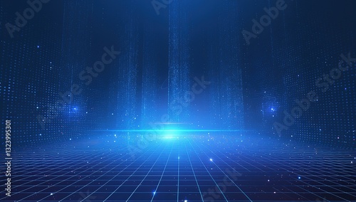 Abstract dark blue digital grid background with glowing neon lines and futuristic holographic overlay. Cyber technology concept for data visualization, virtual reality interface, or sci-fi web design.