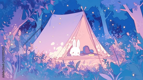 A serene camping scene with a cute bunny in a colorful forest setting.