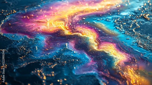 Vibrant abstract cosmic landscape with swirling colors and shimmering lights in a dark setting