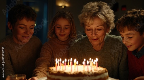 Elderly Woman Blowing Out Birthday Candles Surrounded by Family
