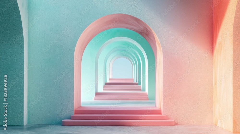 Endless dreamscape surreal arches and gradient steps in harmony