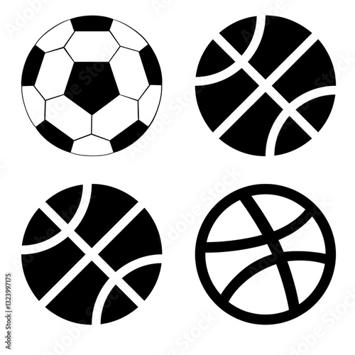 Black And White Sports Balls Icon Vector EPS 4 Set