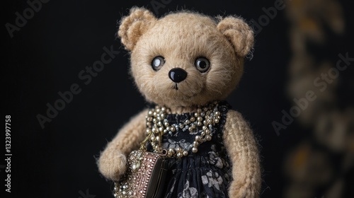 A one-eyed teddy bear dressed in a chic 1920s flapper dress, holding a tiny beaded purse