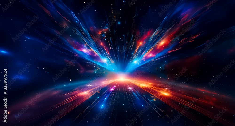 Vibrant cosmic burst of light and colors emanating from a central point, creating a dynamic and energetic space scene with nebulae and stars. Vibrant cosmic burst of light and colors emanating from a central point, creating a dynamic and energetic space scene with nebulae and stars.