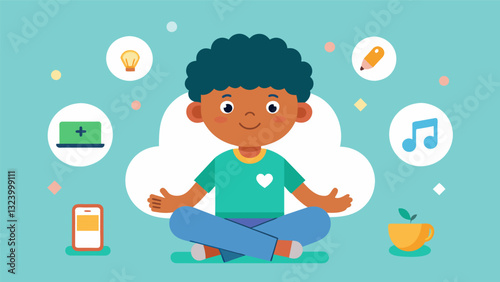 An app featuring interactive games and challenges that teach kids how to practice mindfulness through everyday tasks like eating walking and playing.. Vector illustration