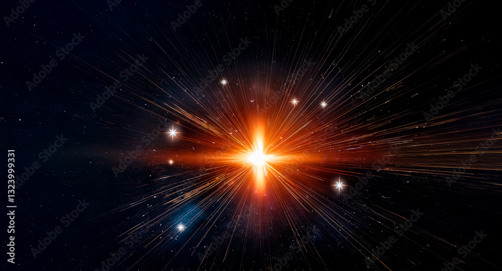 A brilliant burst of energy illuminates the void, sending streaks of light into the starlit cosmic space.