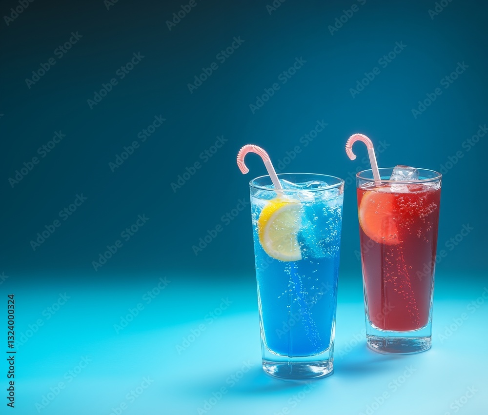 Two colorful cocktails with straws and lemon slices are refreshing on blue background Two colorful cocktails with straws and lemon slices are refreshing on blue background