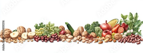 Portfolio Diet, balanced lowering cholesterol vegan food, including nuts, vegetable protein, plant sterols, viscous fiber, beans, legumes, fresh vegetables and fruits on white background copy space photo