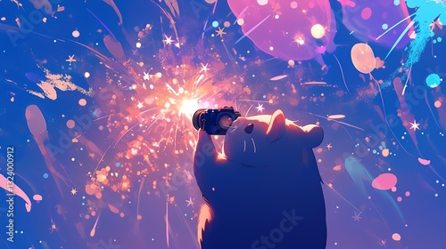 A playful bear holding a sparkler amidst vibrant fireworks and colorful splashes.