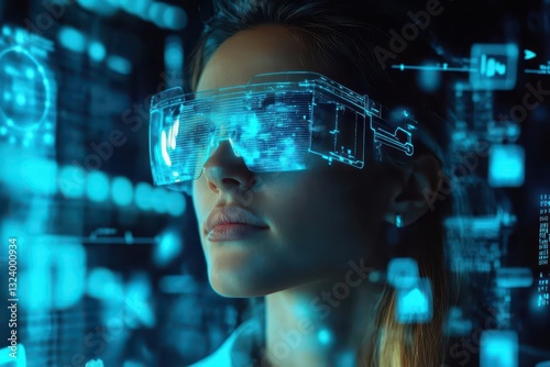 Obraz na płótnie female tech specialist with smart glasses displaying holographic data overlays, surrounded by floating blue digital interfaces, ambient technology glow illuminating determined expression w salonie