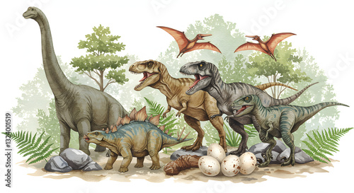 Fototapeta Naklejka Na Ścianę i Meble -  watercolor illustration of various dinosaurs in a prehistoric setting