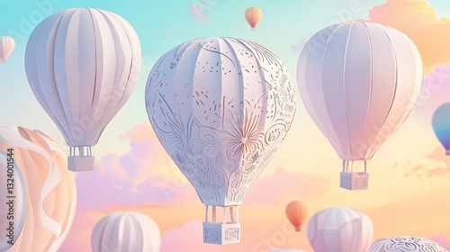 A whimsical paper cut-out design of floating hot air balloons