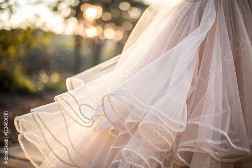  Flowing tulle wedding dress in golden sunlight, romantic bridal fashion, ethereal wedding gown details, delicate lace trim, dreamy wedding photography, elegant wedding dress movement