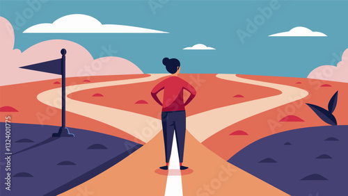 An individual standing at a crossroads unsure of which path to take but feeling empowered with the support and guidance of their life coach.. Vector illustration