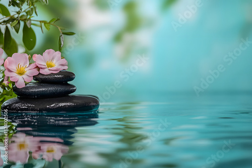 a serene pool in a luxury spa resort - surrounded by lush greenery blue background