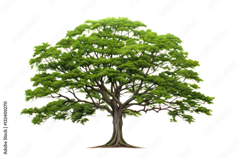 Obraz premium Lush green tropical tree with a full canopy, standing alone against a white background