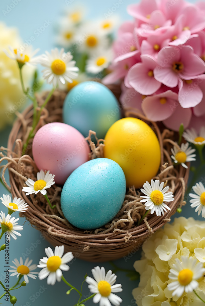 Vibrant Easter Eggs Arranged in a Lush Spring Floral Display with Blooming Hydrangeas, Daisies, and Fresh Greenery for a Festive Atmosphere Vibrant Easter Eggs Arranged in a Lush Spring Floral Display with Blooming Hydrangeas, Daisies, and Fresh Greenery for a Festive Atmosphere