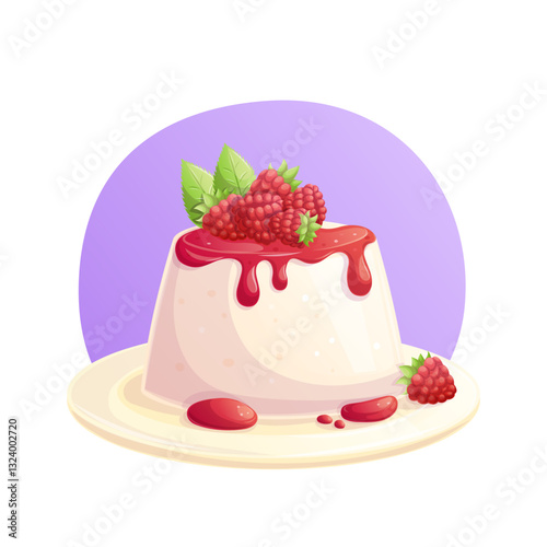 Panna cotta garnished with raspberries on a plate. The concept of a pastry shop, pastries, and a traditional Italian dessert. Isolated vector illustration for the design of postcards and posters.