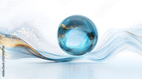 A 3D-rendered floating sphere surrounded by luminous particles, showcasing futuristic and abstract design elements