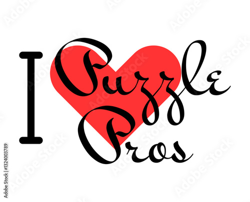 I love Puzzle Pros creative slogan. Hand drawn letters with red heart. Vector illustration, lettering in modern design