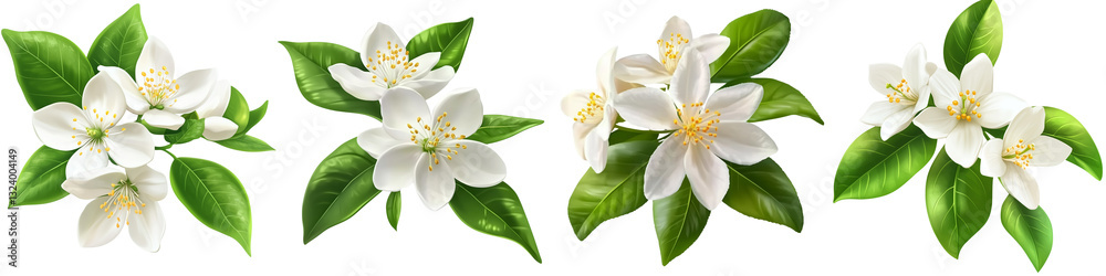 set of White lemon flowers with green leaves, white lemon flowers and green leaves, white lemon flowers surrounded by green leaves, white flowers, green leaves, on a transparent backgrounds set of White lemon flowers with green leaves, white lemon flowers and green leaves, white lemon flowers surrounded by green leaves, white flowers, green leaves, on a transparent backgrounds