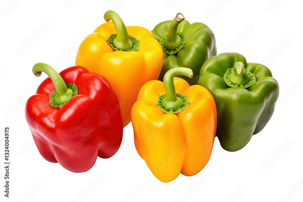 Fresh, vibrant bell peppers in a variety of colors, including red, yellow, and green, arranged neatly on a white surface Fresh, vibrant bell peppers in a variety of colors, including red, yellow, and green, arranged neatly on a white surface
