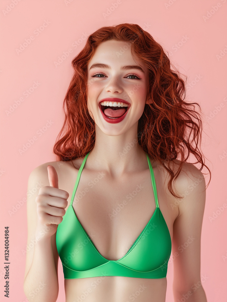 Young happy lady laughing or smiling, thumb up, showing approval or enthousiasm, eager to join in, yes or OK hand gesture, communication sign, red haired girl with lipstick and bikini isolated on pink Young happy lady laughing or smiling, thumb up, showing approval or enthousiasm, eager to join in, yes or OK hand gesture, communication sign, red haired girl with lipstick and bikini isolated on pink