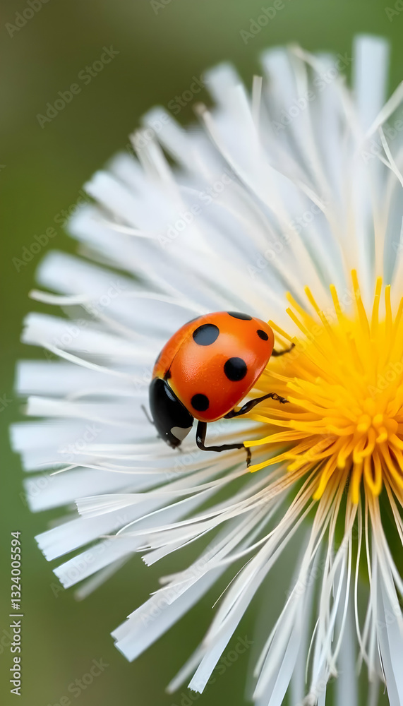 A bright ladybug rests upon a delicate white flower bloom A bright ladybug rests upon a delicate white flower bloom