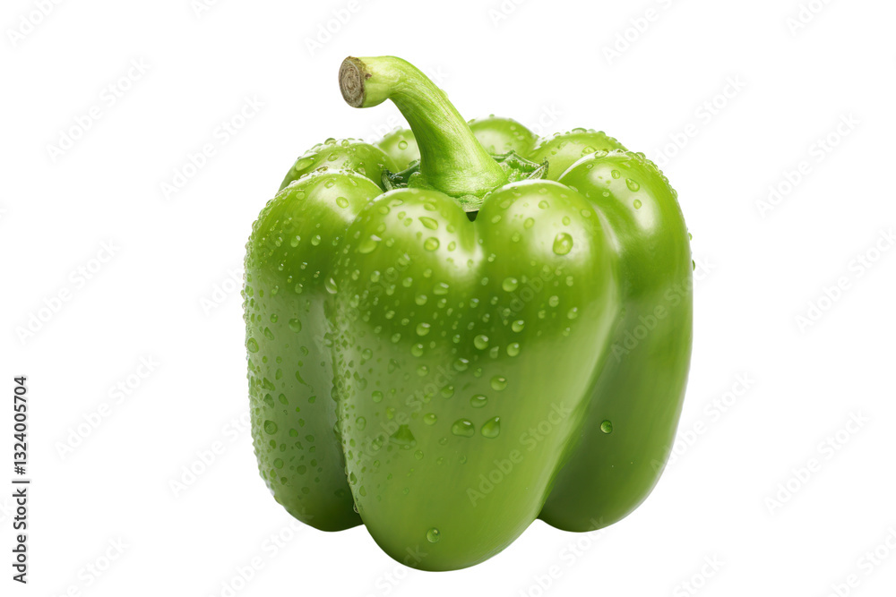 Close-up of a whole green pepper with a dew-kissed surface, presented against a plain white background, isolated on white background Close-up of a whole green pepper with a dew-kissed surface, presented against a plain white background, isolated on white background