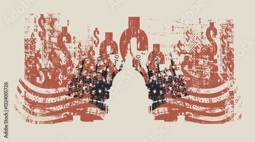 Vector banner with lettering and image of US Capitol in Washington in grunge style. Illustration of Capitol Building in Washington against the background of American flag and dollar signs. T-shirt des