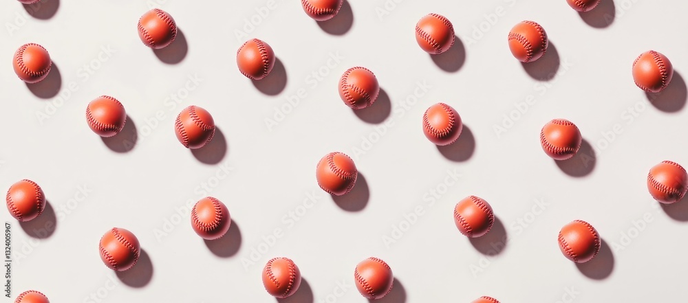 Multiple baseballs forming a symmetrical pattern on a clean white surface. Multiple baseballs forming a symmetrical pattern on a clean white surface.