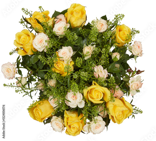 Yellow top view of blooming rose bouquet cut out isolated transparent background