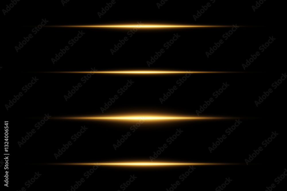 Golden glowing lines, neon light beam effect. On a black background.