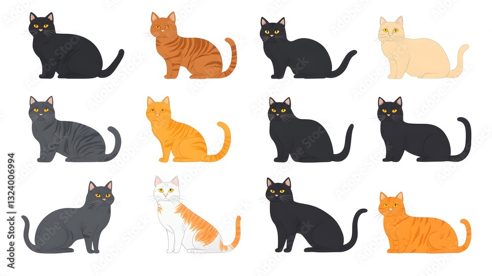 Professional Collection of Flat Icons Illustrating Various Domestic Cat Breeds Professional Collection of Flat Icons Illustrating Various Domestic Cat Breeds