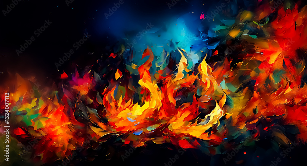 Fototapeta premium Vibrant flames dance with intense energy against a dark backdrop. Bold strokes of red, orange, yellow, and hints of blue create an abstract fiery scene.
