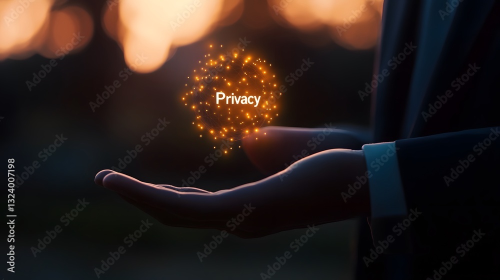 A businessman's hand holding a glowing Privacy icon in a modern digital environment, representing data protection and security A businessman's hand holding a glowing Privacy icon in a modern digital environment, representing data protection and security