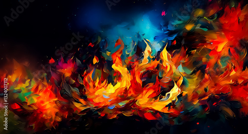 Vibrant flames dance with intense energy against a dark backdrop. Bold strokes of red, orange, yellow, and hints of blue create an abstract fiery scene.