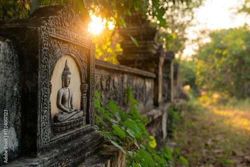 A serene Buddhist temple wall with intricate carvings of Buddha, illuminated by warm sunlight